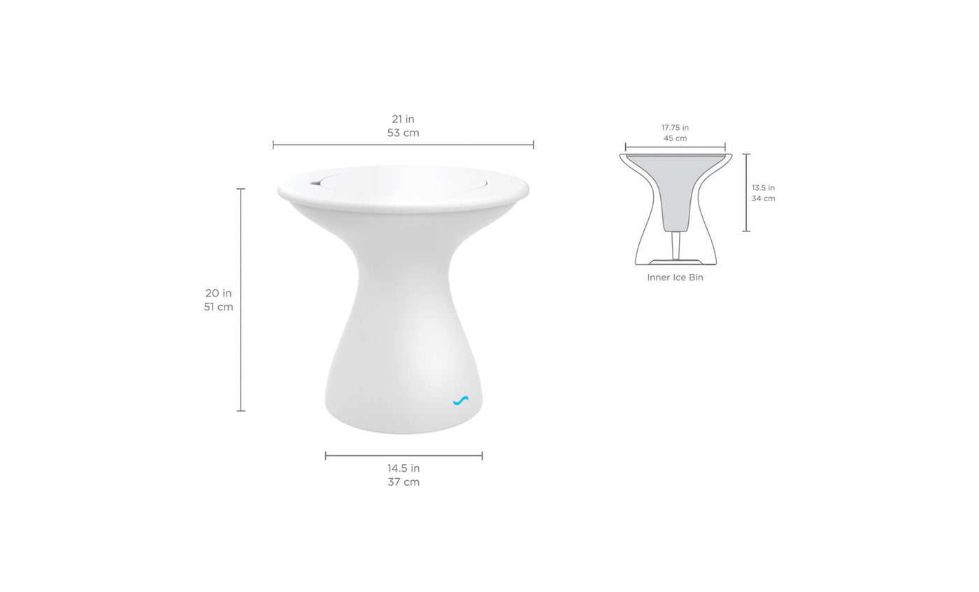 A white, hourglass-shaped table with dimensions labeled: 21 inches (53 cm) wide, 20 inches (51 cm) tall, and a base of 14.5 inches (37 cm). A diagram shows a 17.5-inch (45 cm) diameter inner ice bin, 13.5 inches (34 cm) deep.
