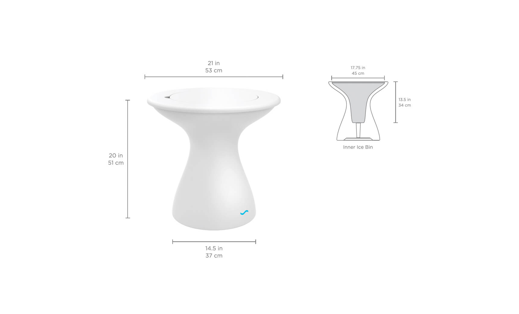A white, hourglass-shaped table with dimensions labeled: 21 inches (53 cm) wide, 20 inches (51 cm) tall, and a base of 14.5 inches (37 cm). A diagram shows a 17.5-inch (45 cm) diameter inner ice bin, 13.5 inches (34 cm) deep.