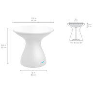A white hourglass-shaped stool with inner storage is shown with dimensions: 16.5 in height, 12 in diameter at the base, and 17.5 in diameter at the top. A line drawing details the inner storage bin size.