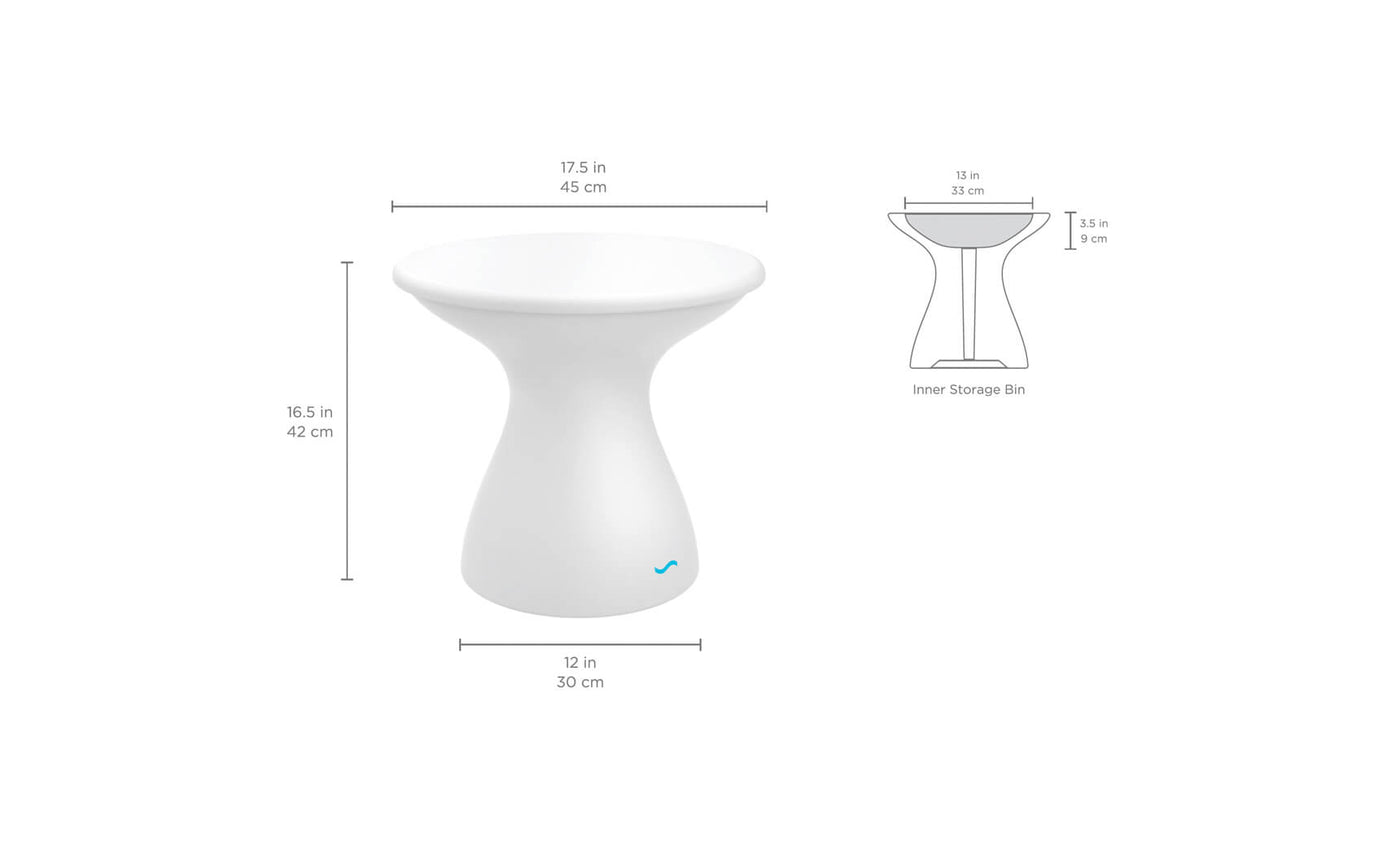A white hourglass-shaped stool with inner storage is shown with dimensions: 16.5 in height, 12 in diameter at the base, and 17.5 in diameter at the top. A line drawing details the inner storage bin size.