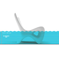 Illustration of a white chair partially submerged in blue water, with horizontal lines indicating a water depth of 12 inches or 30 cm. A ruler on the left shows water levels, with zones labeled drift and recommended use.