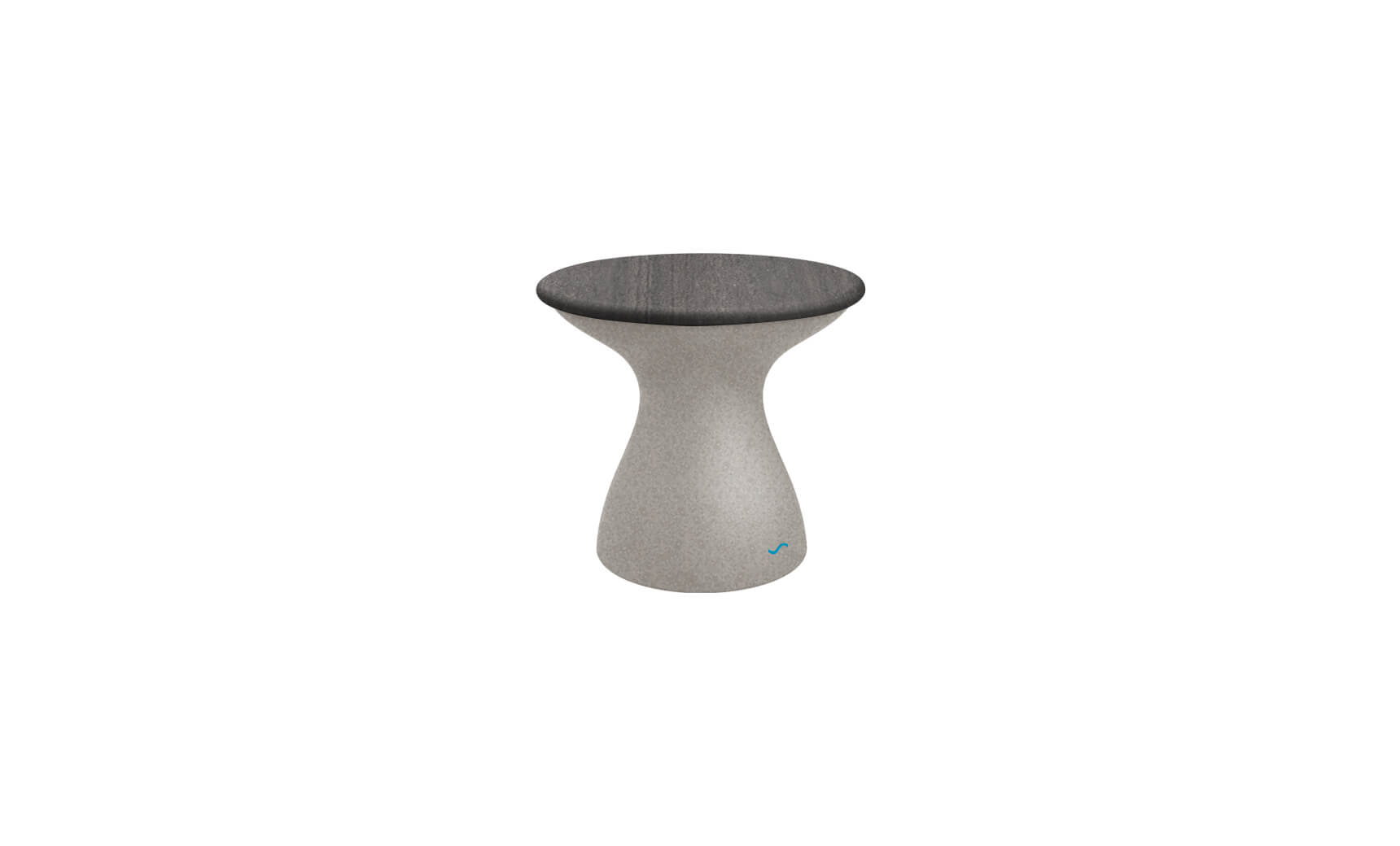 The Ledge Lounger Autograph Standard Side Table is a sleek, modern piece with a smooth hourglass-shaped base and round top. Its light gray, textured surface features a slight sheen, making it perfect for elegant poolside storage.