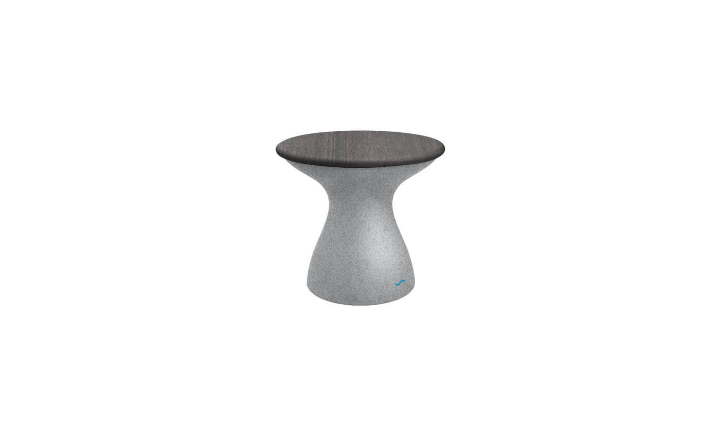 The Autograph Standard Side Table by Ledge Lounger features a sleek, hourglass design with a dark circular top and a gray textured base, all set against a white background.