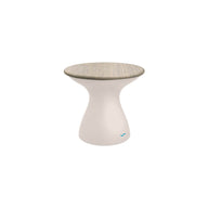 The Autograph Standard Side Table by Ledge Lounger features a sleek, modern design with a white hourglass-shaped base and a circular light wood seat, ideal as an outdoor side table. Its minimalist style complements any setting against a plain white background.