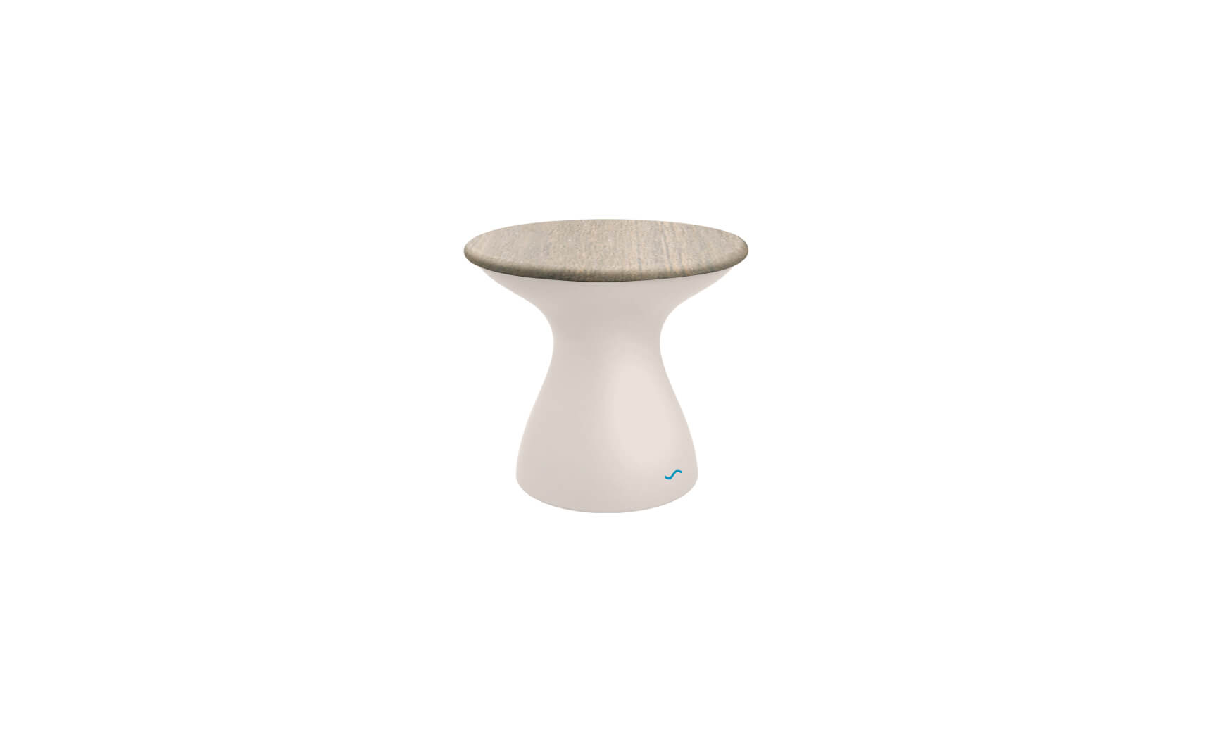 The Autograph Standard Side Table by Ledge Lounger features a sleek, modern design with a white hourglass-shaped base and a circular light wood seat, ideal as an outdoor side table. Its minimalist style complements any setting against a plain white background.