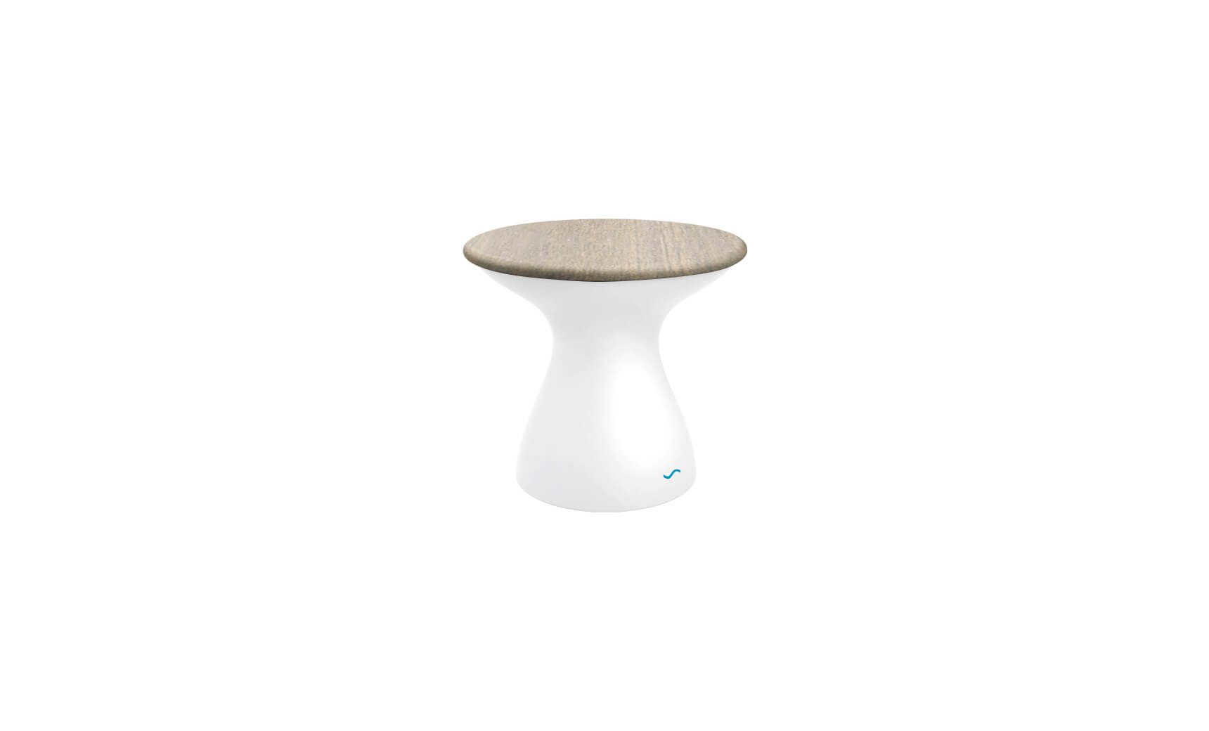 The Autograph Standard Side Table by Ledge Lounger features a smooth, white hourglass-shaped base and a flat, light wood top. This modern minimalist stool doubles as an outdoor side table, perfect for contemporary flair and poolside storage needs.