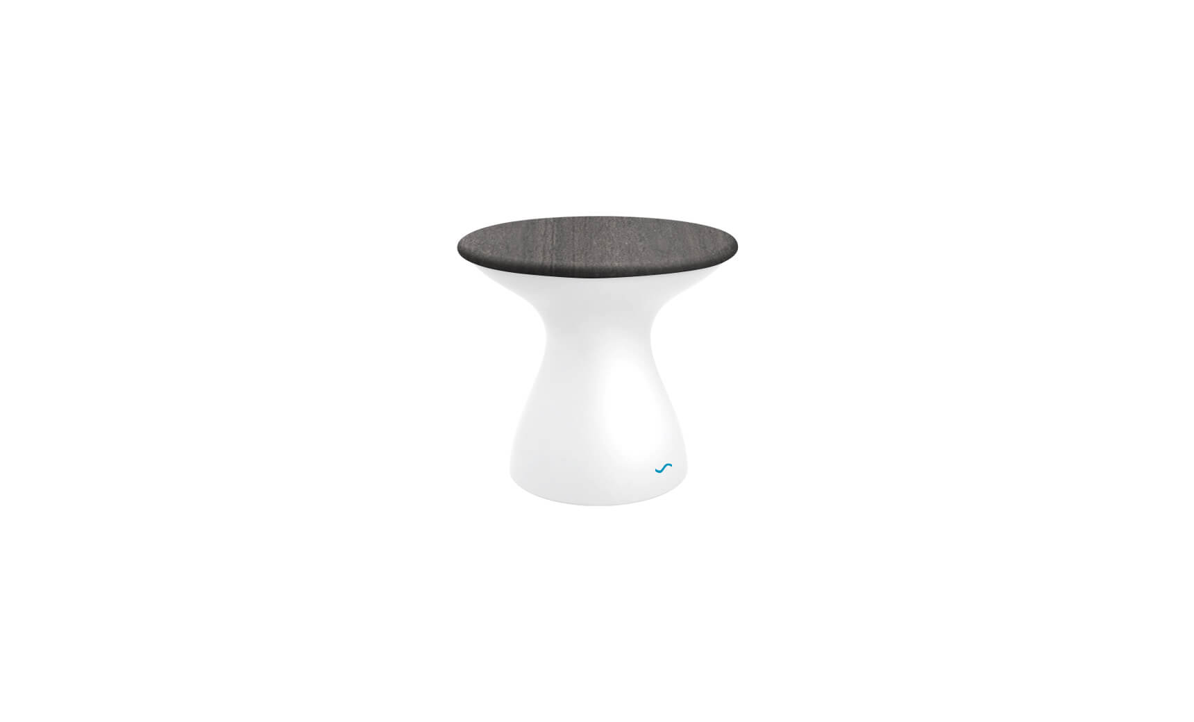 The Autograph Standard Side Table by Ledge Lounger is a modern piece with a sleek design, boasting a glossy white base and round dark wooden seat. Its minimalist hourglass shape perfectly suits outdoor use, blending style and function effortlessly.