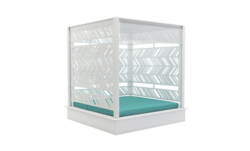 The Shift Daybed by Ledge Lounger showcases a modern white design with an enclosed frame and geometric cut-out patterns on the sides and canopy, crafted from durable outdoor materials. It features a plush teal cushion for ultimate comfort.