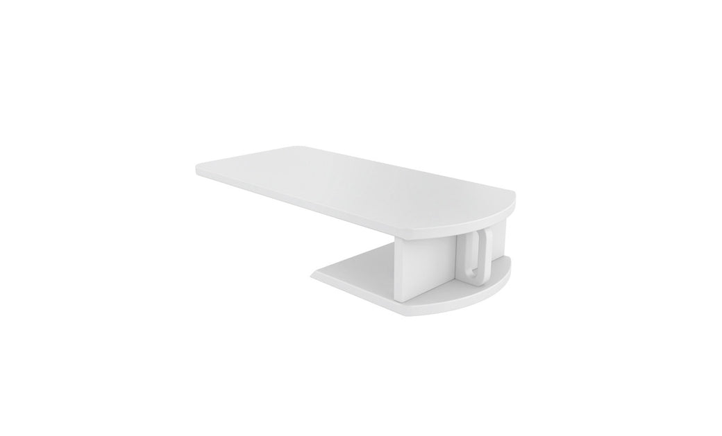 The Shift Daybed by Ledge Lounger is a modern white shelf that combines a sleek, minimalist design with customizability. It features a horizontal surface supported by a vertical bracket and boasts outdoor materials, clean lines, smooth finish, and a decorative curve on one side.