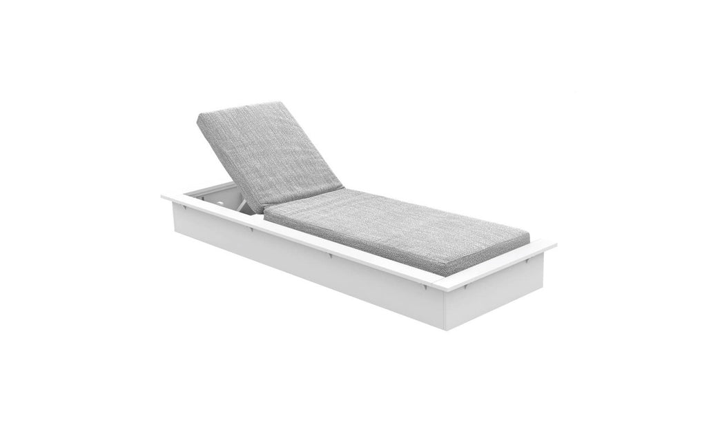 The Echo Chaise by Ledge Lounger features a gray cushioned seat and adjustable backrest on a sleek white base, blending style and comfort for any outdoor space. Set against a plain white background, it epitomizes elegance.