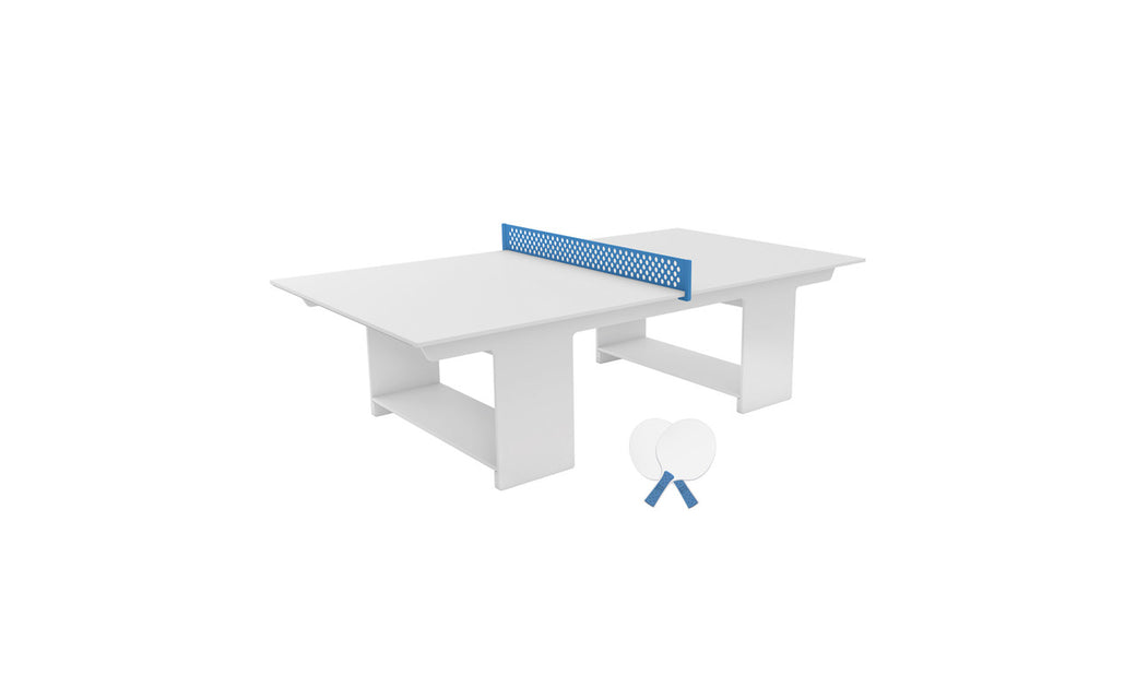 The Ledge Lounger Table Tennis Set, featuring a blue net, two white paddles, and a ball, is showcased against a minimalist backdrop. Perfect for ping pong fans looking for outdoor fun.