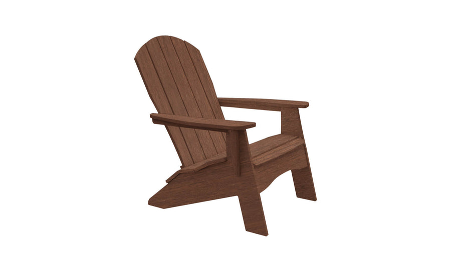 The Legacy Adirondack by Ledge Lounger is a rustic brown chair featuring a slatted design, angled backrest, and wide armrests. Ideal for patio gatherings, it offers comfortable and relaxed seating under the open sky.