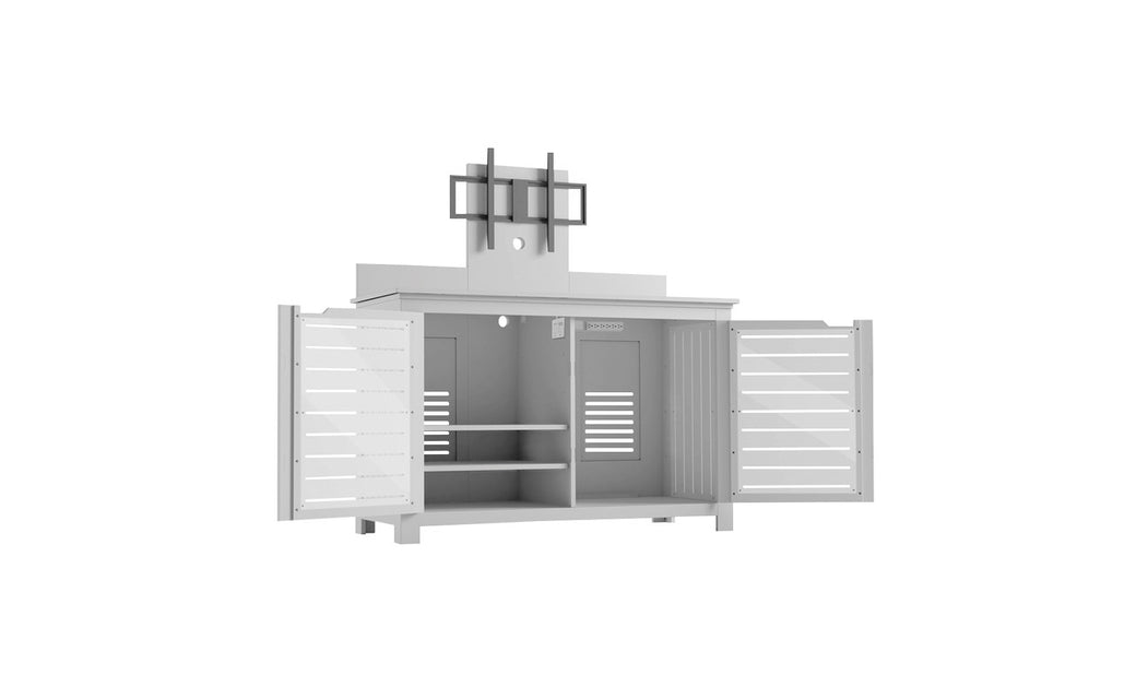 A modern, gray wooden cabinet by Ledge Lounger features two open doors and ample storage. With three vertical bars atop for decoration, this stylish Mainstay Bar Credenza rests on low legs against a white background.