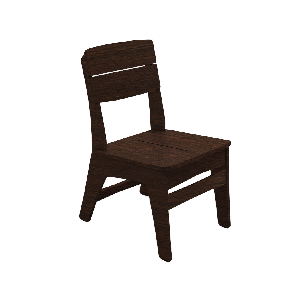The Mainstay Dining Side Chair by Ledge Lounger features a dark wood finish with a sleek, modern design. It includes a straight backrest with a horizontal cut-out, square seat, and subtly angled legs. Final sale item.