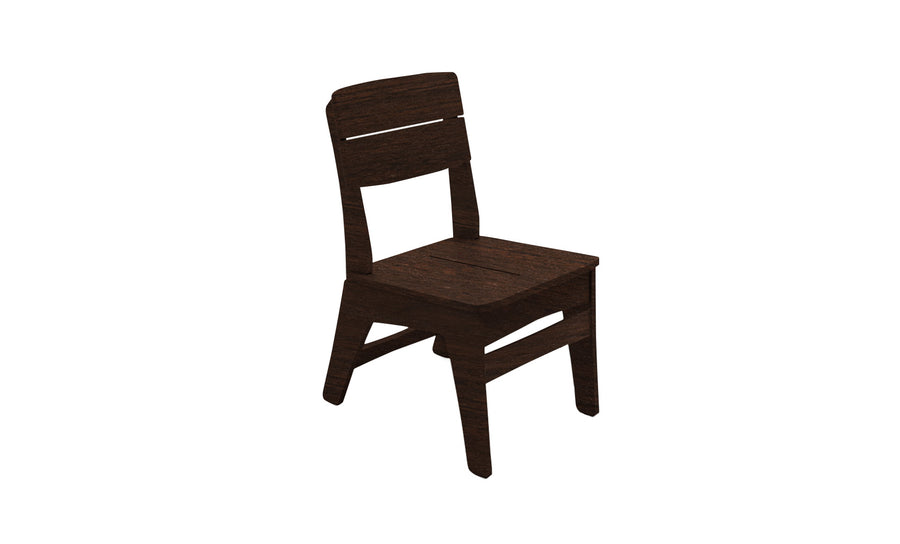 The Mainstay Dining Side Chair by Ledge Lounger features a dark wood finish with a sleek, modern design. It includes a straight backrest with a horizontal cut-out, square seat, and subtly angled legs. Final sale item.