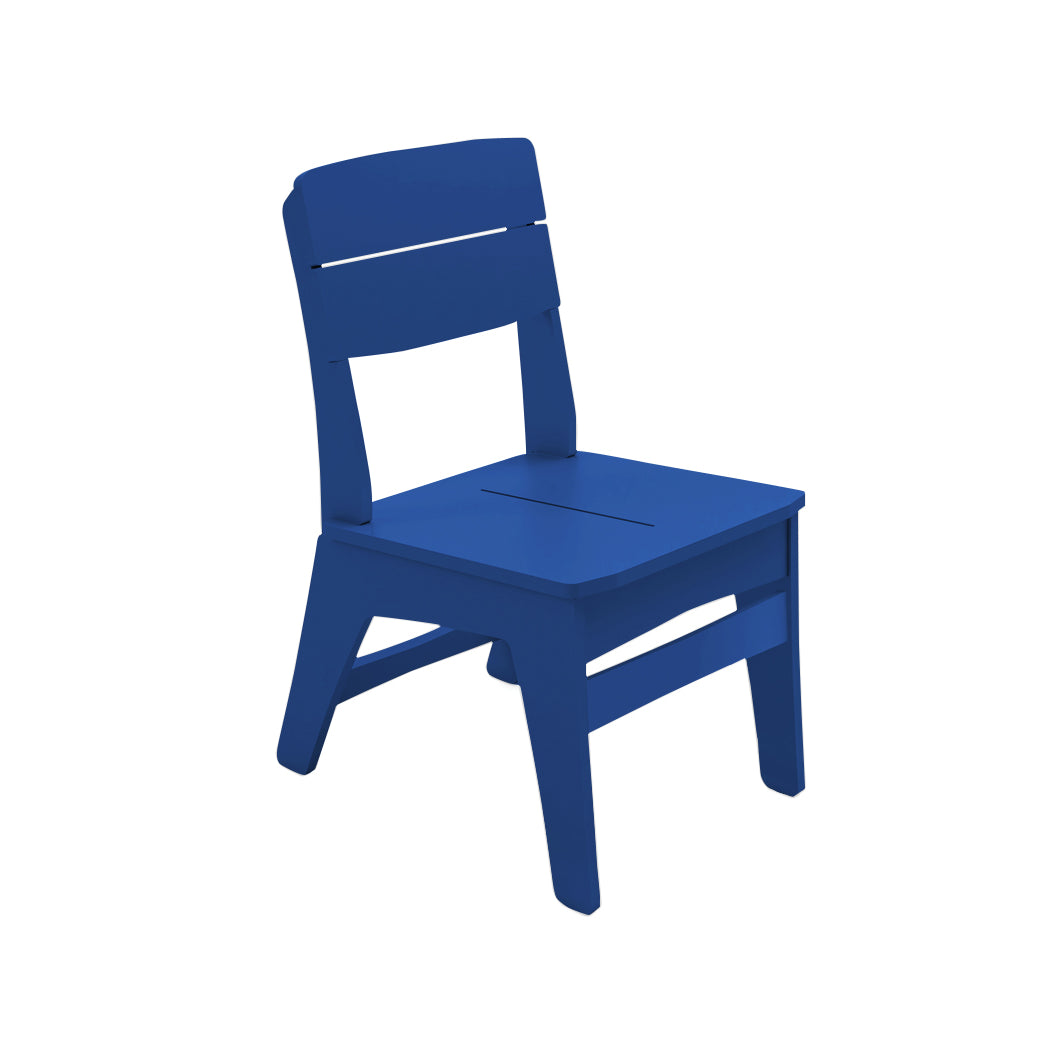 The Mainstay Dining Side Chair by Ledge Lounger features a blue, simple wooden design with a slatted backrest and seat, four sturdy legs, and a slightly angled back. The background is plain white. Final Sale.