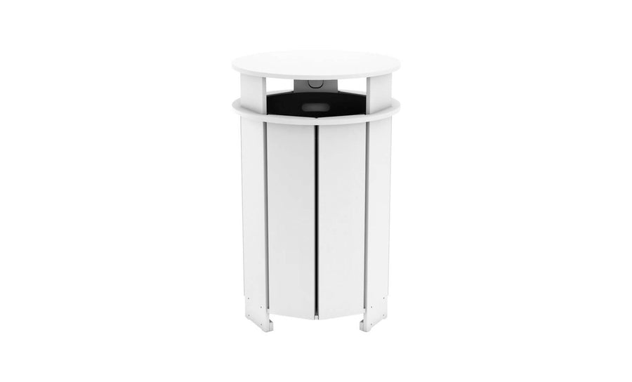 The Ledge Lounger Mainstay Trash Bin is a tall, cylindrical, white container with vertical slats and an open top. Its made from UV stable materials, offering a modern, sleek design suitable for indoor use or as a patio trash can.