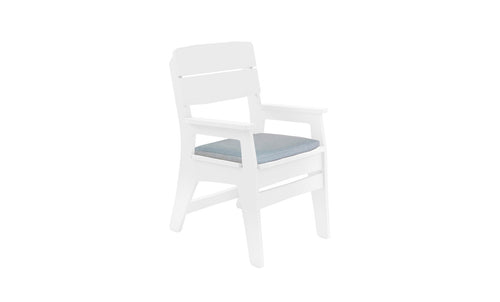 The Ledge Lounger Mainstay Dining Armchair Cushion features a blue cushioned seat, slatted backrest, and inviting armrests. Its white wooden design fits any outdoor space, perfect for versatile settings.