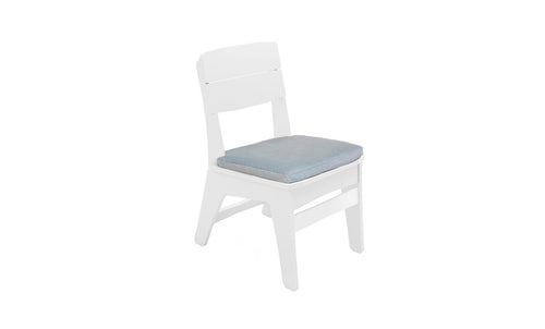 The Mainstay Dining Side Chair by Ledge Lounger, featuring a light blue cushioned seat and white wooden frame, combines comfort and style. Its versatile, modern design against a plain white background ensures easy customization to complement any decor.