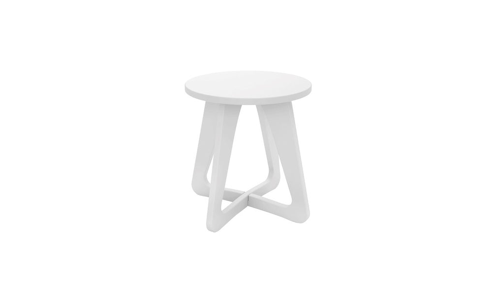 The Ledge Lounger Mainstay Stool features a minimalist white design with a round seat and three triangular legs against a plain backdrop. This sleek piece is perfect for patios, effortlessly enhancing any outdoor scene with its elegant style.