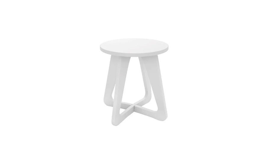 The Ledge Lounger Mainstay Stool is a small, modern white side table with a round top and geometric intersecting legs, ideal as a chic patio stool or accent piece. Shown on a plain white background.