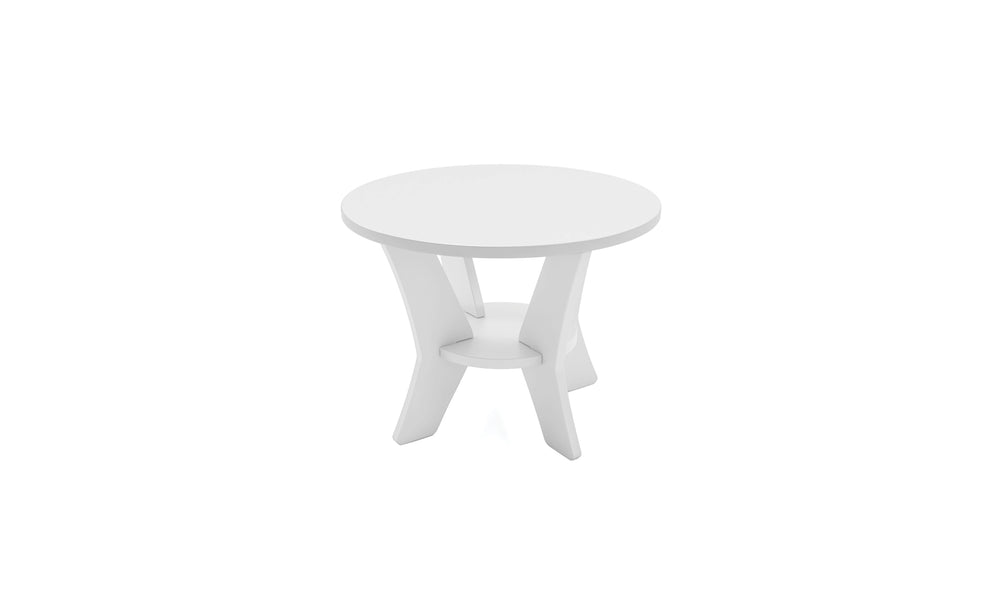 Introducing the Ledge Lounger Mainstay Round Side Table, a sleek, modern minimalist piece perfect for any outdoor space. Its white design with angled legs and circular support shines against a plain white background, enhancing its minimalistic charm.