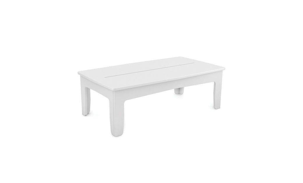 The Mainstay Rectangular Coffee Table by Ledge Lounger is a white table with four straight legs and a smooth, durable surface. Perfect for outdoor settings, it offers all-weather resilience against a plain white background.