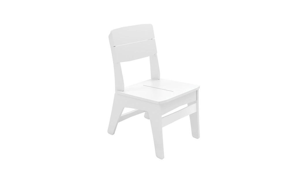 The Ledge Lounger Mainstay Dining Side Chair is a simple, white wooden chair with high-quality construction. It features a slatted backrest, squared seat, and slightly angled legs, perfect for minimalist outdoor dining on a plain white background.