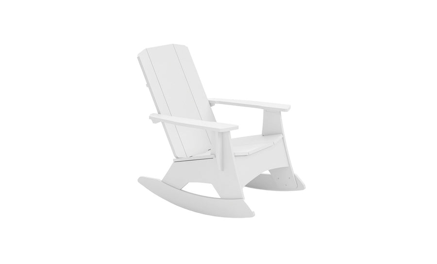 The Mainstay Adirondack Rocker by Ledge Lounger features a classic slatted design, wide armrests, and a curved base with stainless steel hardware. Set against a plain white background, it’s perfect for adding style and comfort to any outdoor space.