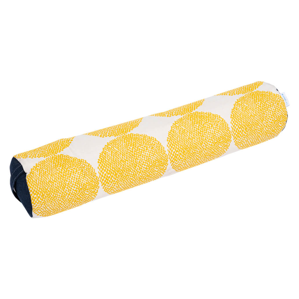 The Laze Doodle by Ledge Lounger is a cylindrical fabric pouch with a navy and yellow pattern featuring large, textured yellow circles on a white background.