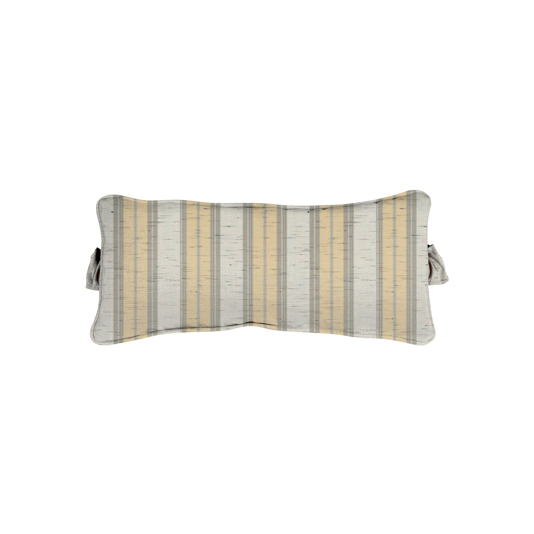 The Signature Headrest Pillow by Ledge Lounger, featuring beige, gray, and light blue stripes with a soft texture and two side handles, is displayed on a white background.
