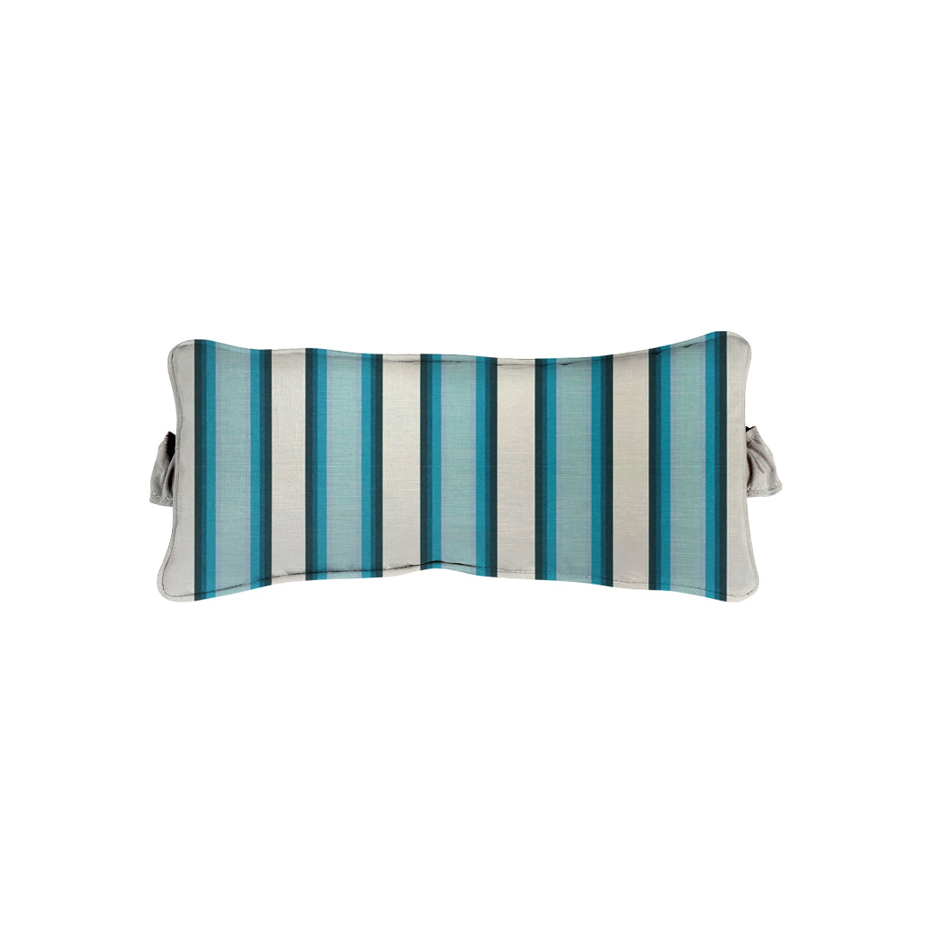 The Signature Headrest Pillow by Ledge Lounger features a rectangular design with turquoise, blue, and beige vertical stripes on a white background. Its equipped with side straps for attachment and crafted for ergonomic comfort. (Final Sale).