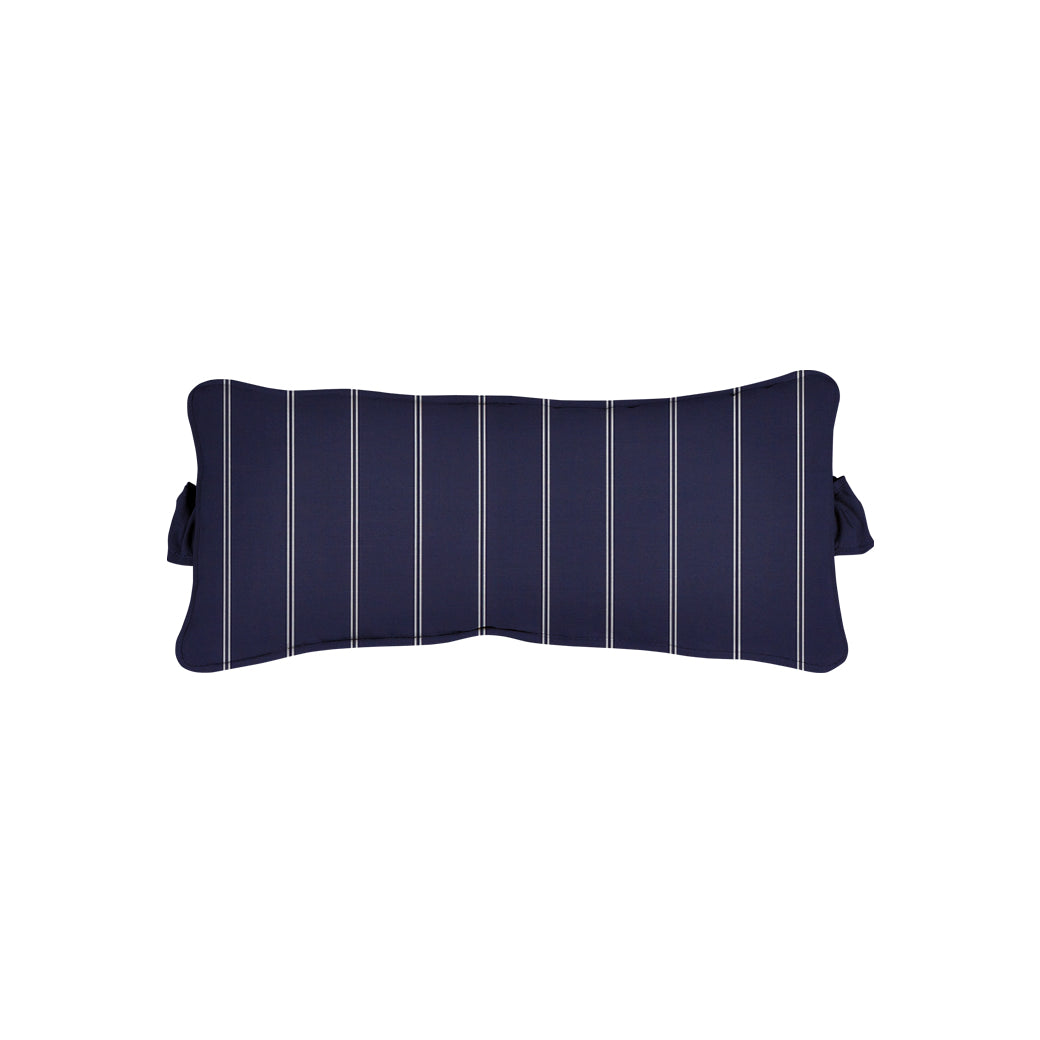 A Signature Headrest Pillow by Ledge Lounger, navy blue with vertical white pinstripes, set against a plain white background - Final Sale.