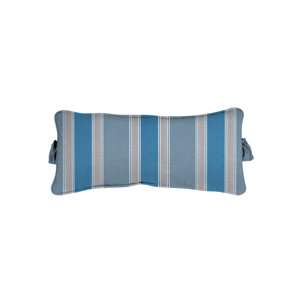 The Signature Headrest Pillow by Ledge Lounger, on final sale, is rectangular with blue and white vertical stripes and tied bows on the sides, set against a plain white background.