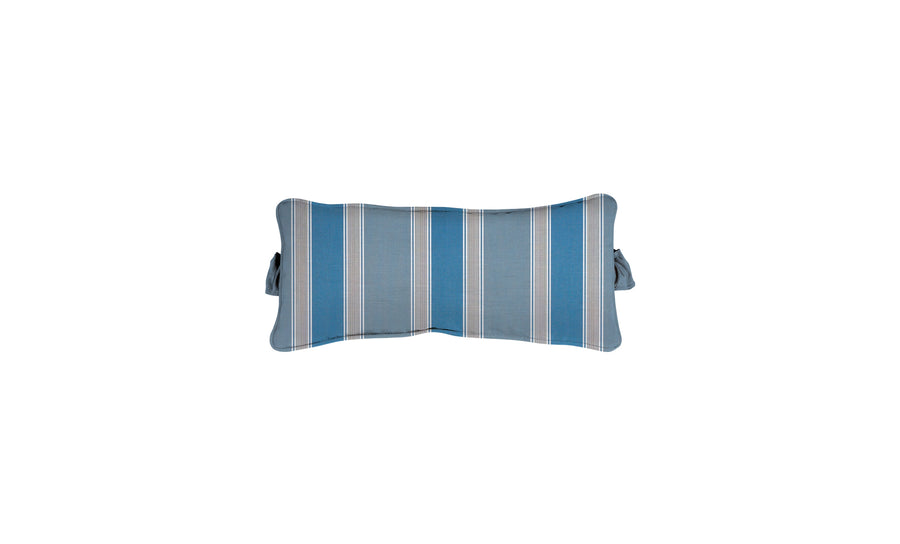 The Signature Headrest Pillow by Ledge Lounger, on final sale, is rectangular with blue and white vertical stripes and tied bows on the sides, set against a plain white background.