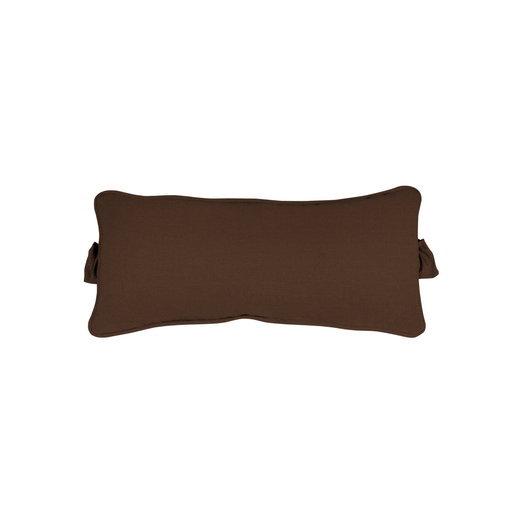 The Signature Headrest Pillow by Ledge Lounger, a brown rectangle with two side straps, is displayed against a plain white backdrop.