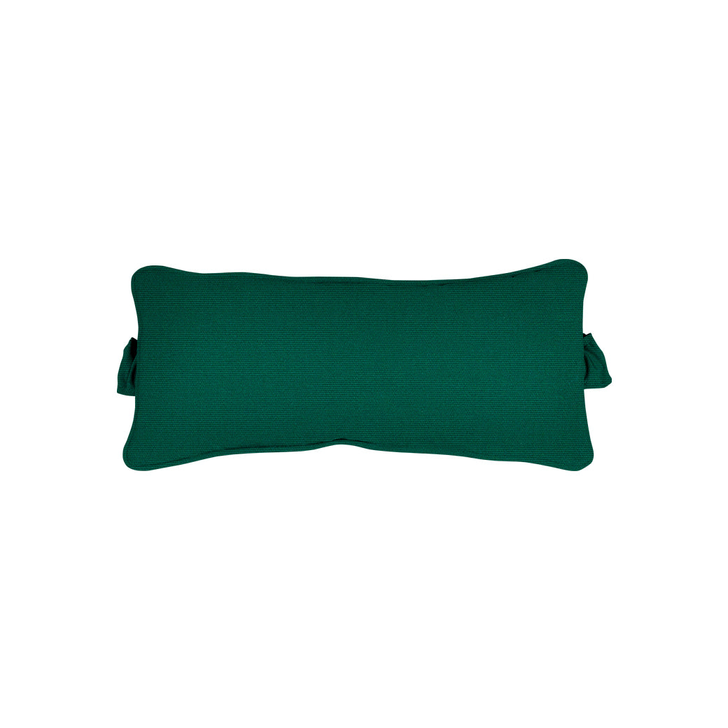 The Signature Headrest Pillow from Ledge Lounger, a rectangular dark green cushion with a plain texture and slightly rounded edges, features two handle-like flaps on either side and is centered on a white background.