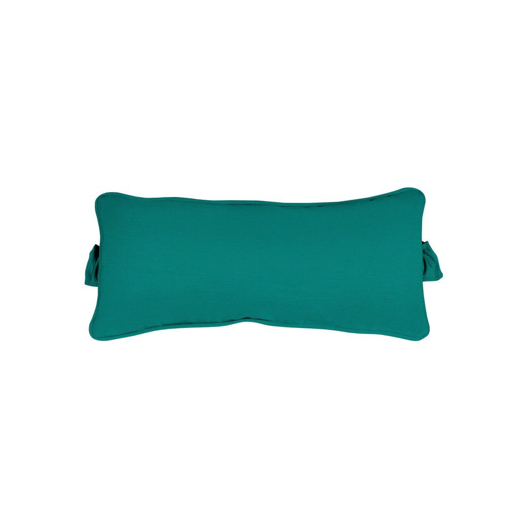 A Signature Headrest Pillow - Final Sale by Ledge Lounger, featuring a rectangular green design with slightly curved edges, set against a white background and adorned with two small fabric loops on its sides.