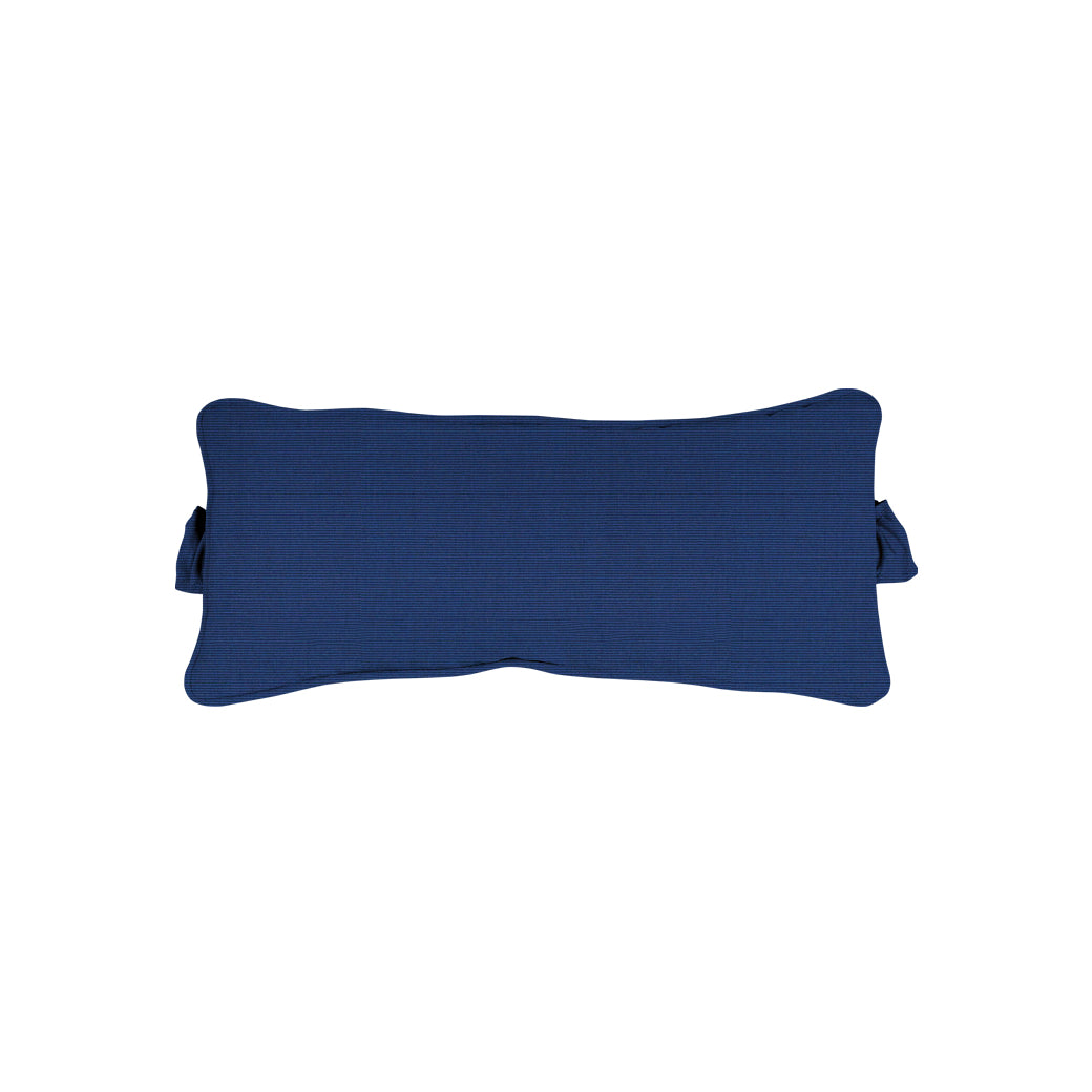 A Signature Headrest Pillow by Ledge Lounger, rectangular and blue with a strap, is centered on a white background.