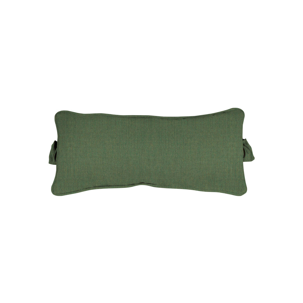 The Signature Headrest Pillow by Ledge Lounger is a rectangular green cushion with a subtle texture and two dark green side straps, set against a white background.
