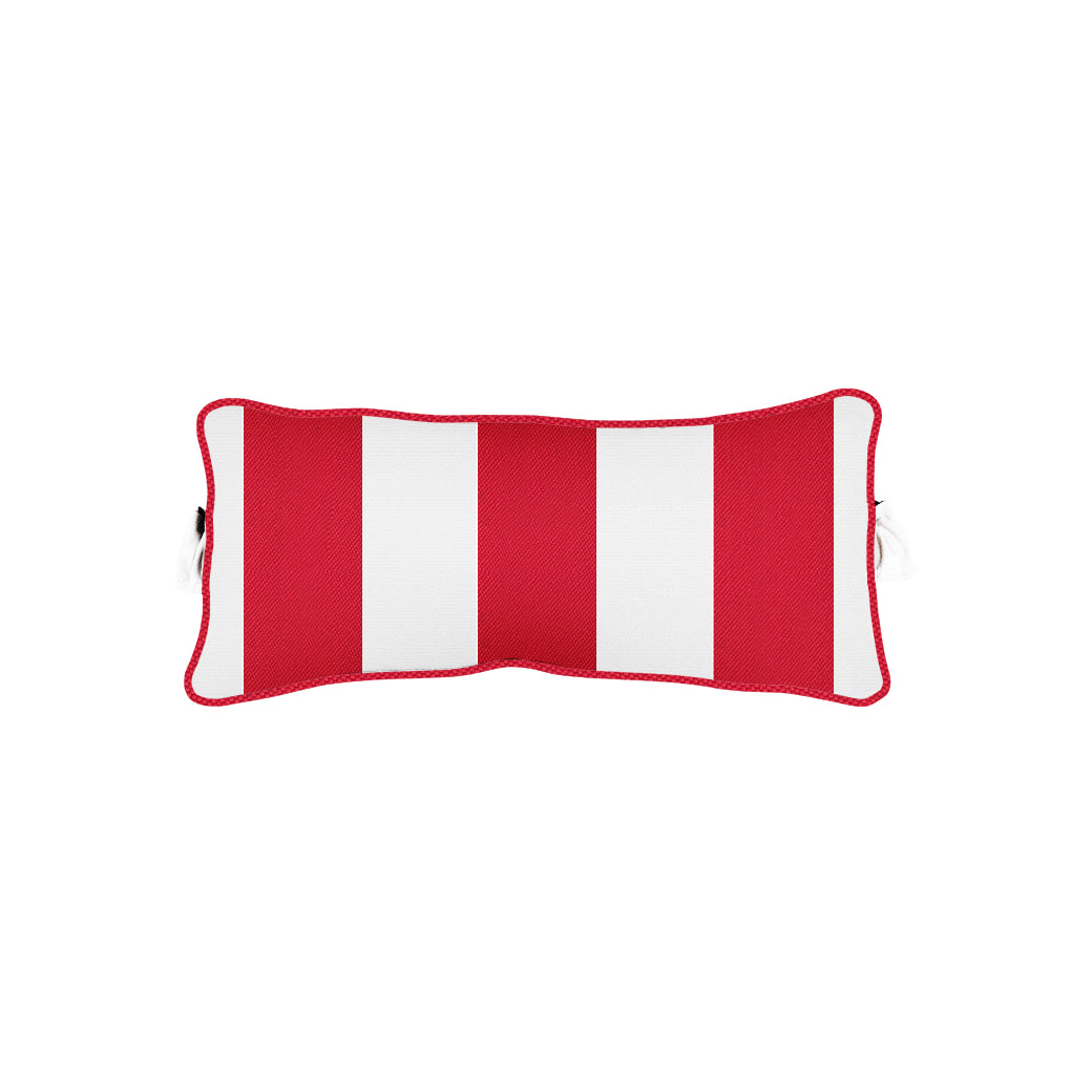 The Signature Headrest Pillow by Ledge Lounger features a rectangular shape with red and white vertical stripes and red piping along the edges, available as a final sale.