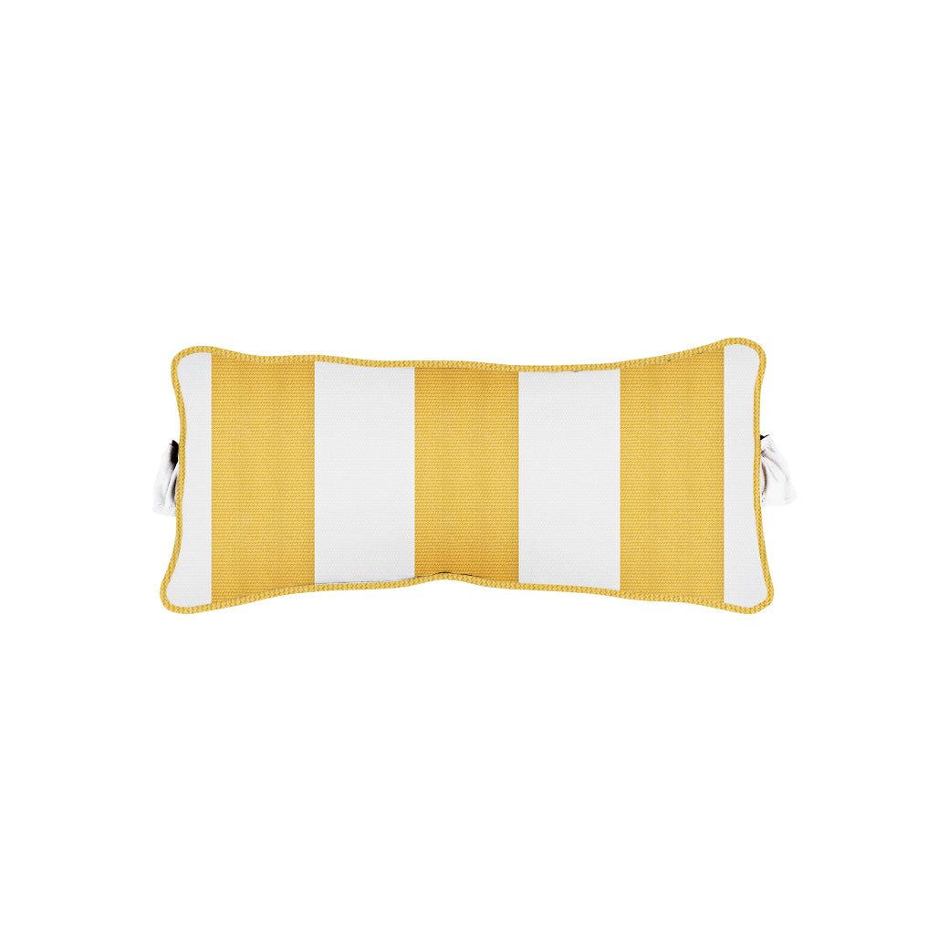 The Signature Headrest Pillow by Ledge Lounger, featuring yellow and white stripes with two side ribbon ties, sits against a white background.