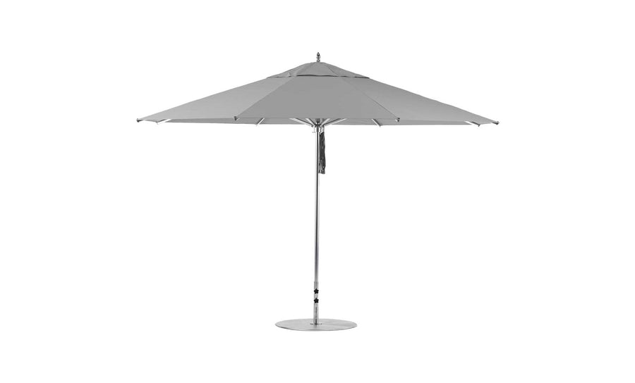 A large, sleek Premier Aluminum Umbrella by Ledge Lounger features a modern gray design with a central pole and circular base. The 13 octagon pulley canopy provides ample shade on a white background. Final sale item.