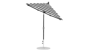 The Ledge Lounger Essential Fiberglass Umbrella features a 9 octagon canopy with black and white diagonal stripes, a strong metallic pole, and an auto tilt function. This final sale item is perfect for your patio.
