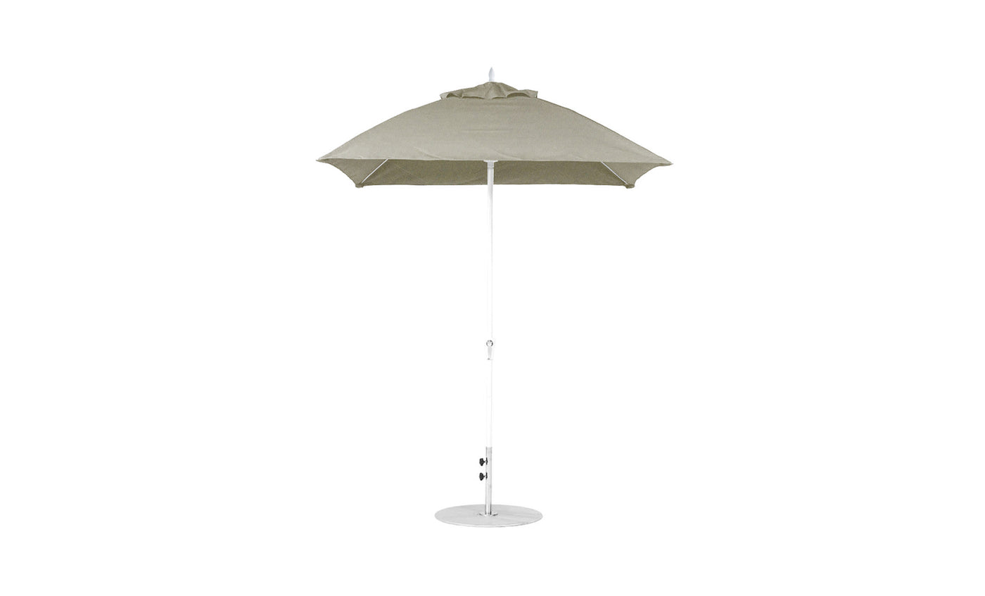 A beige square canopy Essential Fiberglass Umbrella - 7.5 Square Crank - Final Sale by Ledge Lounger, with a white pole on a circular base, is open and showcased against a plain white background.