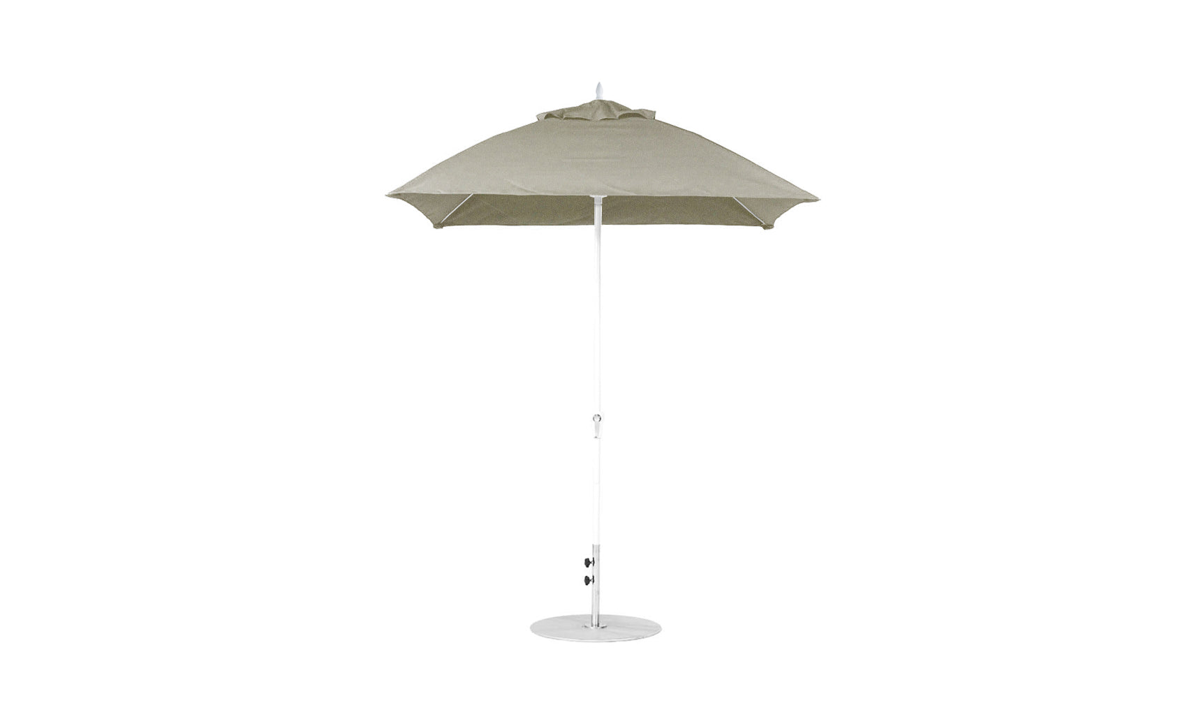 A beige square canopy Essential Fiberglass Umbrella - 7.5 Square Crank - Final Sale by Ledge Lounger, with a white pole on a circular base, is open and showcased against a plain white background.