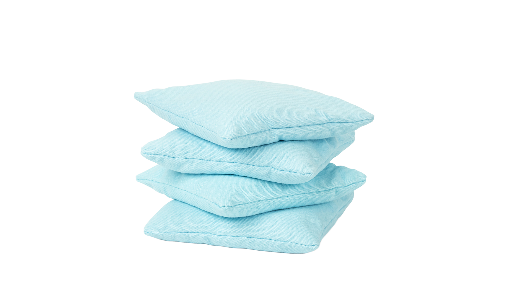 Four light blue square bean bags from Ledge Lounger's Bean Bags Set are stacked atop each other against a white background.