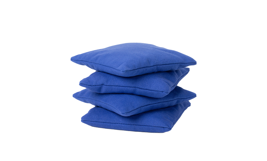 A set of four blue Ledge Lounger bean bags is arranged neatly on a white background, perfect for your next cornhole game.