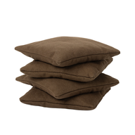 Four durable brown fabric bean bags from Ledge Lounger are stacked against a white background, resembling throw pillows.