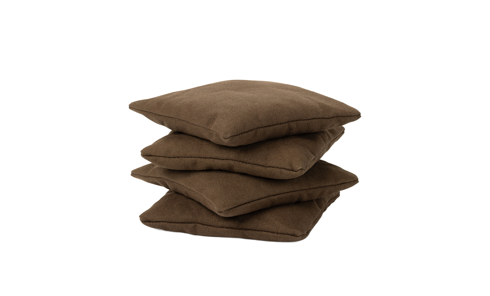 Four durable brown fabric bean bags from Ledge Lounger are stacked against a white background, resembling throw pillows.